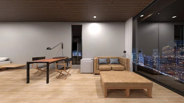 夜景の見える個室の3Dレンダリング — ストック写真