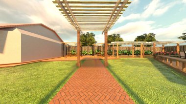 3D rendering of the lawn yard with lattice roofed walkway