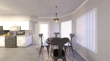 Oturma odası ve yemek mutfağının 3 boyutlu canlandırması