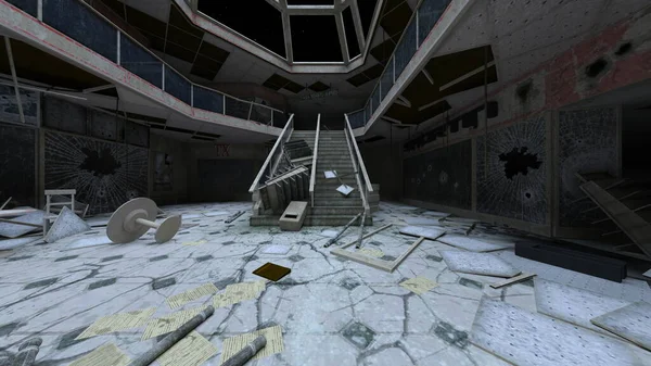 放棄されたアトリウム広場の3Dレンダリング — ストック写真