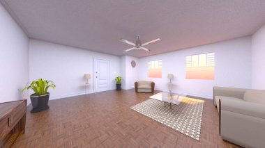 Beyaz duvar oturma odasının 3 boyutlu görüntüsü