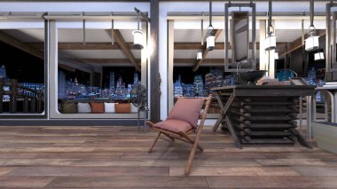 Oturma odasının ve yemek odasının gece görüşlü 3 boyutlu görüntüsü.