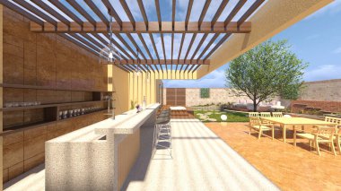 3D rendering of the lawn yard with lattice roofed walkway