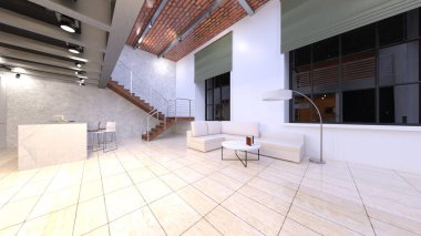 Oturma odası ve yemek mutfağının 3 boyutlu canlandırması