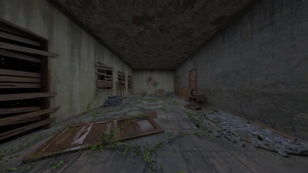 荒々しいインテリアと放棄された建物の3Dレンダリング — ストック動画