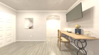 Beyaz duvarlı oturma odası ve yemek mutfağının 3 boyutlu görüntüsü.