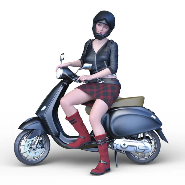 Rendu Une Femme Chevauchant Sur Scooter — Photo