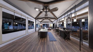 Oturma odasının ve yemek odasının gece görüşlü 3 boyutlu görüntüsü.