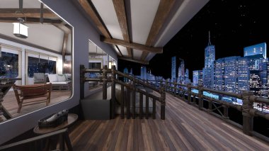 Oturma odasının ve yemek odasının gece görüşlü 3 boyutlu görüntüsü.