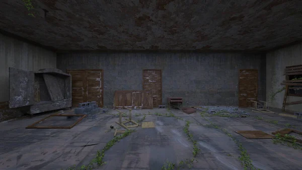 荒々しいインテリアと放棄された建物の3Dレンダリング — ストック写真