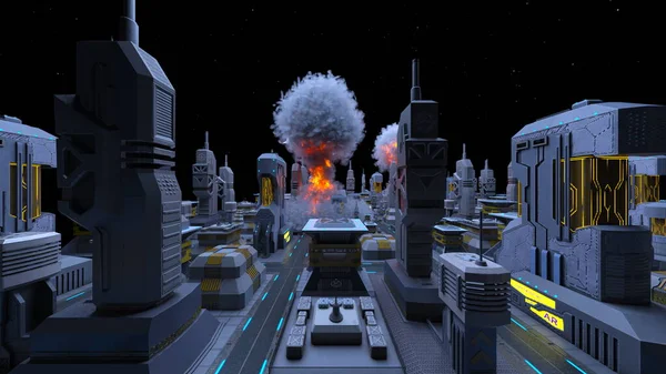 ミサイル攻撃下の宇宙都市の3Dレンダリング — ストック写真