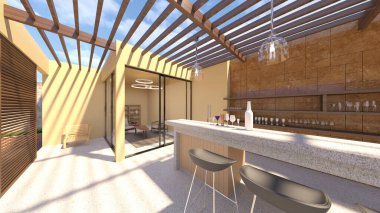 Büyük pencereli oturma odasının 3B görüntüsü