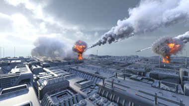 Uzay şehrinin füze saldırısı altında 3D görüntülenmesi