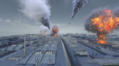 Uzay şehrinin füze saldırısı altında 3D görüntülenmesi