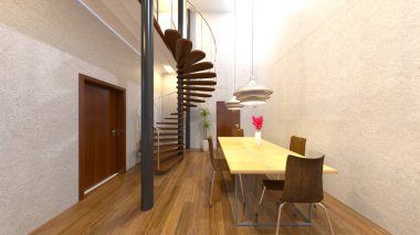 Oturma odası ve yemek odasının 3 boyutlu canlandırması