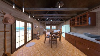 Ahşap dahili stüdyonun 3 boyutlu görüntüsü