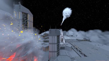 Uzay şehrinin füze saldırısı altında 3D görüntülenmesi