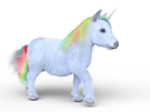 Rendering Unicorno Con Criniera Color Arcobaleno — Foto Stock