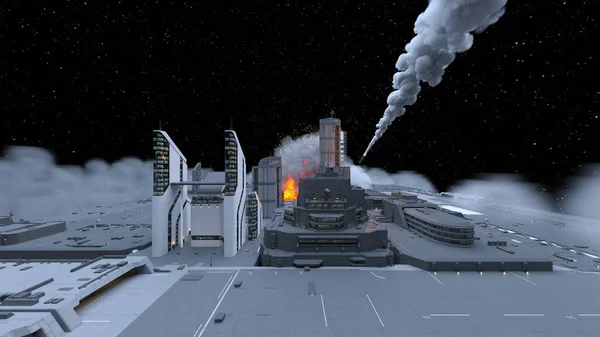 Renderização Cidade Espacial Sob Ataque Mísseis — Fotografia de Stock