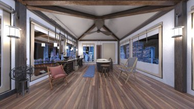 Oturma odasının gece görüşlü 3D görüntüsü