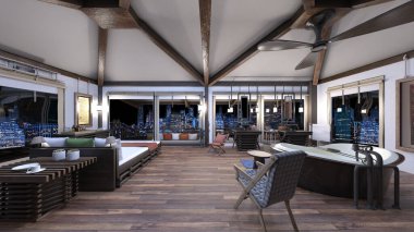 Oturma odasının gece görüşlü 3D görüntüsü