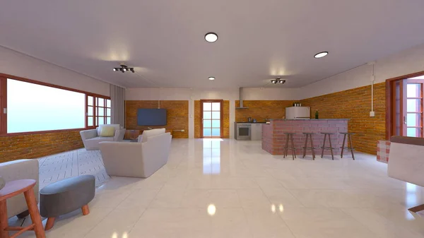 レンガの壁とリビングルームとダイニングルームの3Dレンダリング — ストック写真