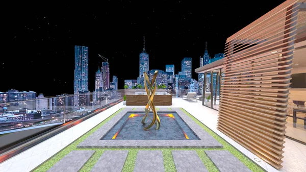 Rendering Rooftop Terrace Night View — Stock Photo, Image