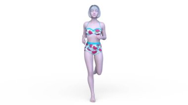 Bikinili koşan bir kadının 3B görüntüsü