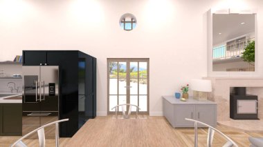 Oturma odası ve yemek mutfağının 3 boyutlu canlandırması