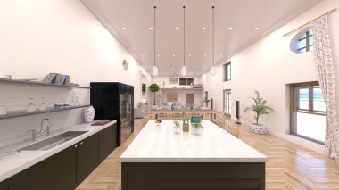 Oturma odası ve yemek mutfağının 3 boyutlu canlandırması