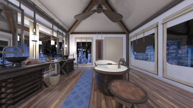 Çatıdaki terasın gece görüşlü 3B görüntülemesi