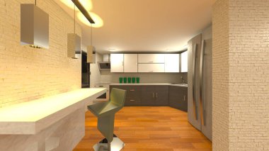 Oturma odası ve yemek mutfağının 3 boyutlu canlandırması