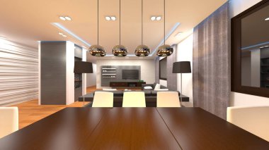 Oturma odası ve yemek mutfağının 3 boyutlu canlandırması