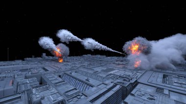 Uzay şehrinin füze saldırısı altında 3D görüntülenmesi