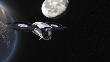 3D rendering of a spaceship and the Earth