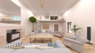 Oturma odası ve yemek odasının 3 boyutlu canlandırması