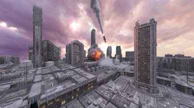 Uzay şehrinin füze saldırısı altında 3D görüntülenmesi