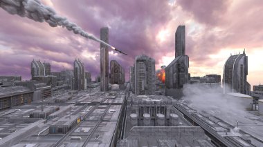 Uzay şehrinin füze saldırısı altında 3D görüntülenmesi