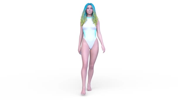 身穿泳衣的步行妇女的三维画像 — 图库视频影像