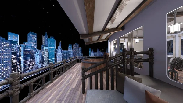 夜景と屋上テラスの3Dレンダリング — ストック写真