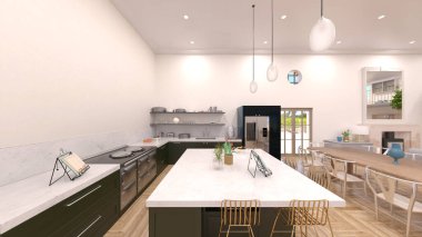 Beyaz duvarlı oturma odası ve yemek mutfağının 3 boyutlu görüntüsü.