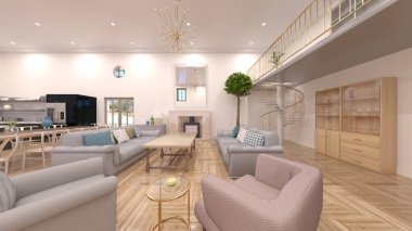 Beyaz duvarlı oturma odası ve yemek mutfağının 3 boyutlu görüntüsü.