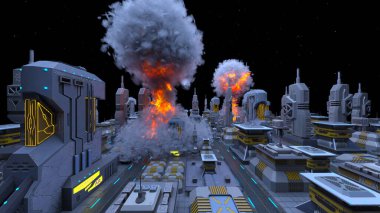 Uzay şehrinin füze saldırısı altında 3D görüntülenmesi
