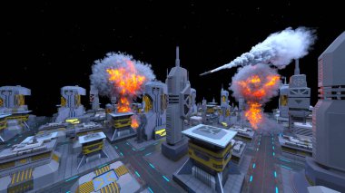 Uzay şehrinin füze saldırısı altında 3D görüntülenmesi