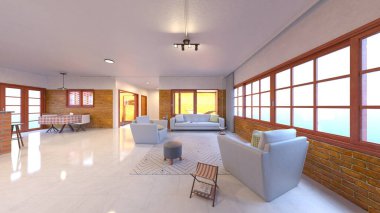 Tuğla duvarlı oturma ve yemek odasının 3 boyutlu görüntüsü