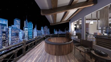 Çatıdaki terasın gece görüşlü 3B görüntülemesi