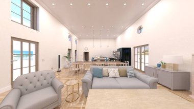 Büyük pencereli oturma odasının 3B görüntüsü