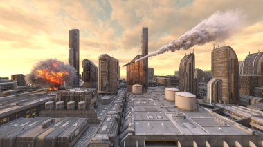 Uzay şehrinin füze saldırısı altında 3D görüntülenmesi