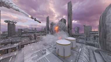 Uzay şehrinin füze saldırısı altında 3D görüntülenmesi