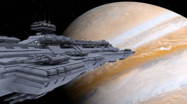 3D rendering of a spaceship and the planet